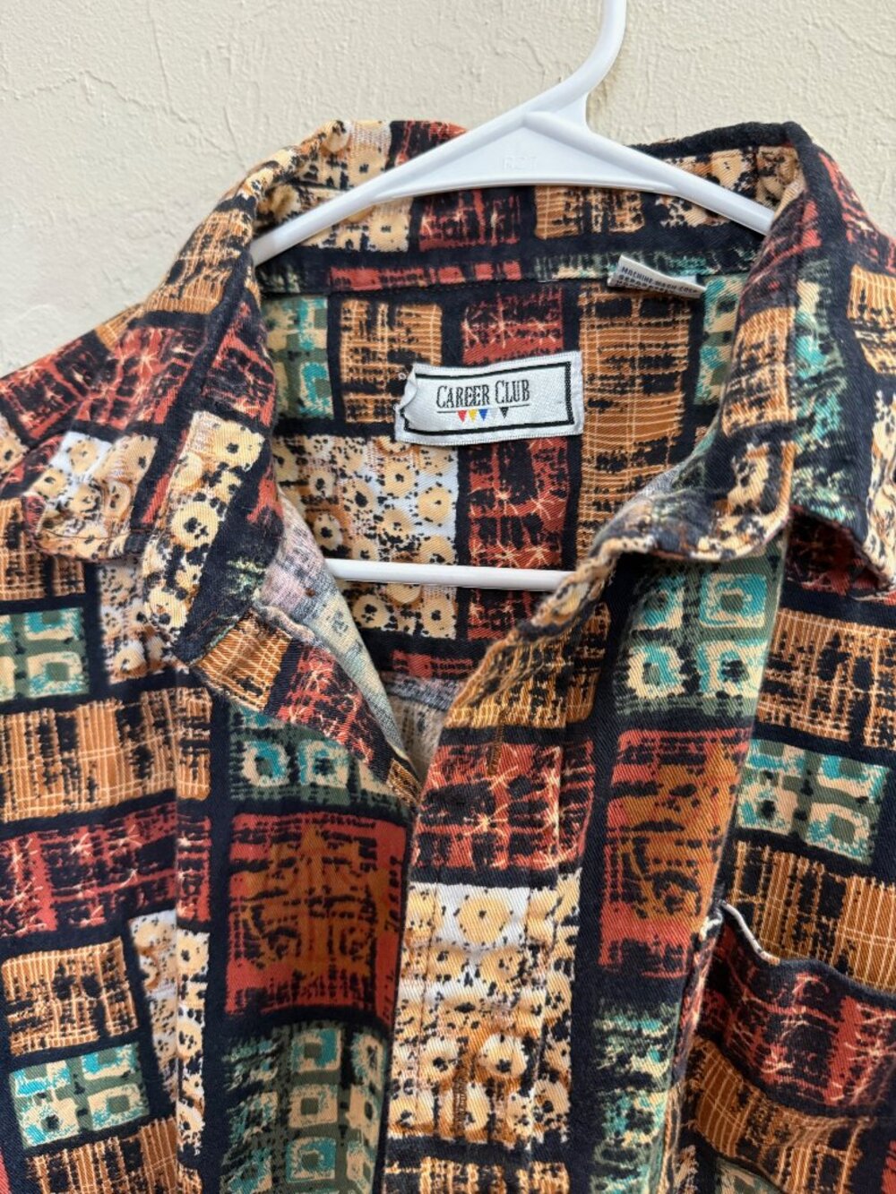 Vintage Career Club Men's XL Abstract Geometric Print Shirt 100% Cotton Y2K